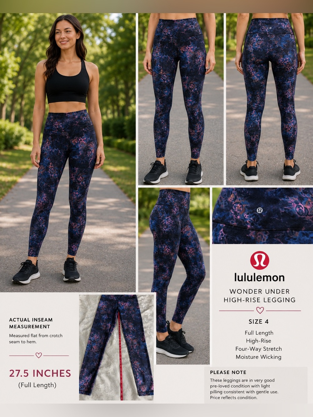Lululemon Wonder Under High-Rise Floral Leggings Size 4 Full Length 27.5” Inseam